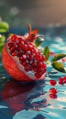 Wall Mural - Juicy half pomegranate with seeds scattered on a wet blue surface, highlighting vibrant colors