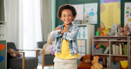 Canvas Print - Smile, face and boy in classroom for education, learning and ready for morning kindergarten. Happy, school and portrait of child or student with knowledge, studying and pride for academic lesson