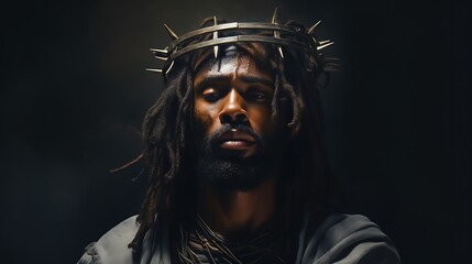 Wall Mural - Portrait of black Jesus Christ with crown of thorns on his head. Photorealistic portrait.