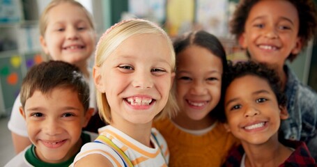 Poster - Children, school and happy in class selfie, student and fun with group for childcare development and growth and smile. Fun, diversity and bonding with friends or peers, learn environment or classroom