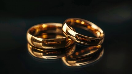 Wall Mural - Closeup of elegant couple gold wedding rings on isolated black background. Generated AI image