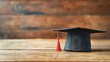 © Leafart - Education concept of black graduation cap on rustic wood desk background. Generated AI