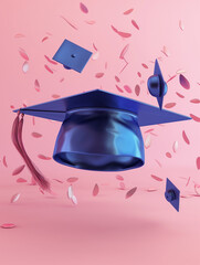 Wall Mural - Graduation Cap with Confetti on Pink Background