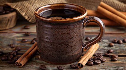 Wall Mural - Coffee with Cinnamon Stick: A rich coffee with a cinnamon stick garnish, served in a rustic ceramic mug with a cozy setup of cinnamon sticks and coffee beans.