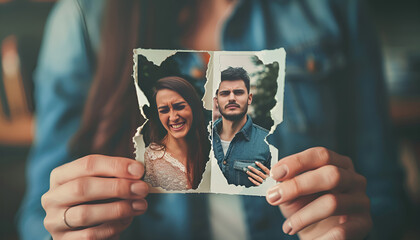 Close up image of torn into two pieces photograph of young couple in hands of upset crying woman