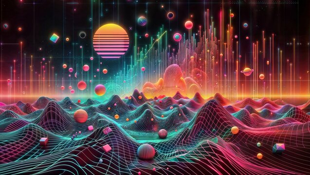 A surreal and mesmerizing digital landscape featuring abstract mountains, cosmic elements, geometric shapes, and vivid neon colors, creating a dreamlike, futuristic, and otherworldly atmosphere.