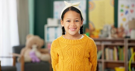 Poster - Smile, face and girl in classroom for education, learning and ready for morning kindergarten. Happy, school and portrait of child or student with knowledge, studying and pride for academic lesson