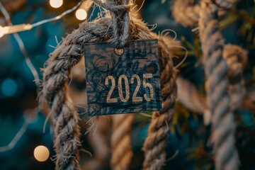 Wall Mural - Jute rope 2025 numbers, nautical cord new year greeting card, eco vintage celebrate banner, natural thread