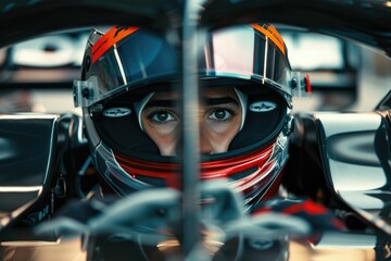 The picture of the formula one or f1 racer wearing the helmet for protection, the racing driver is focusing on the race track, the racer require skill like the concentration and driving skill. AIG43.