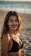 © Alief Shop - Potrait beautiful smilling western woman model, wearing bikini in beach photoshoot, red lipstick, beautiful hairstyle