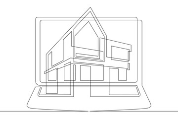 Poster - One continuous line.Modern house on the computer screen. Fashionable architecture in the device. House image. Building construction in the gadget. One continuous drawing line logo isolated minimal ill