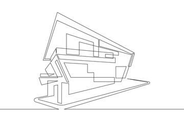 Poster - One continuous line.Modern house on the computer screen. Fashionable architecture in the device. House image. Building construction in the gadget. One continuous drawing line logo isolated minimal ill