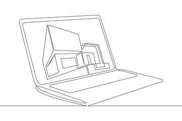 Poster - One continuous line.Modern house on the computer screen. Fashionable architecture in the device. House image. Building construction in the gadget. One continuous drawing line logo isolated minimal ill