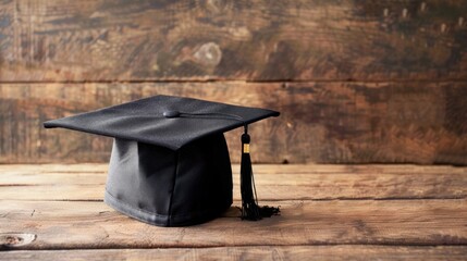 Education concept of black graduation cap on rustic wood desk background. Generated AI