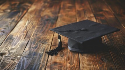 Sticker - Education concept of black graduation cap on rustic wood desk background. Generated AI