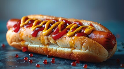Wall Mural - A delicious hot dog with mustard and ketchup, nestled in a soft bun, on a solid blue background.