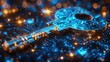 © Ummeya - A digital encryption key with glowing blue circuits, on a solid cobalt blue background.
