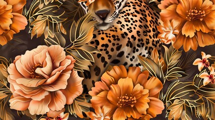 Wall Mural - Textile pattern seamlessly integrating wild African animal skins with brown flowers, including tiger and jaguar.