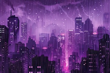 Wall Mural - Mesmerizing Metropolis Shrouded in Ethereal Purple Hues During Rainy Nightfall