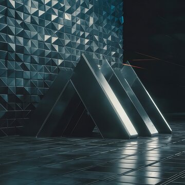 Futuristic, High Tech, dark background, with a triangular block structure. Wall texture with a 3D triangle tile pattern. 3D render