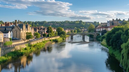 Wall Mural - A picturesque river winds through a charming town with historic buildings and arched bridges, creating timeless beauty.