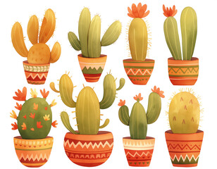 Wall Mural - Cacti potted watercolor illustration on white