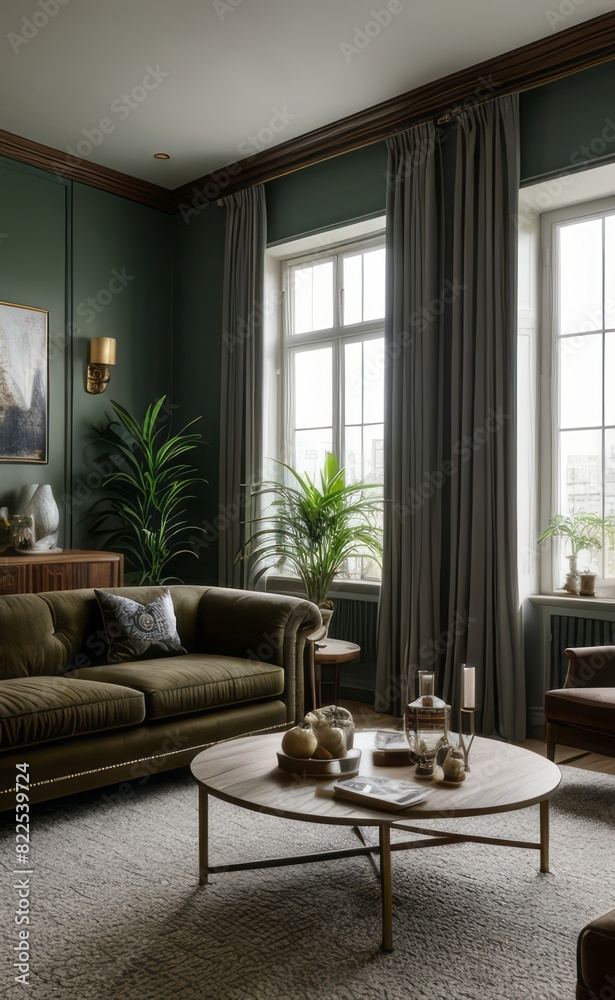 Stylish professional photograph of a dark green and brass luxury living room interior with velvet furniture and tropical plants