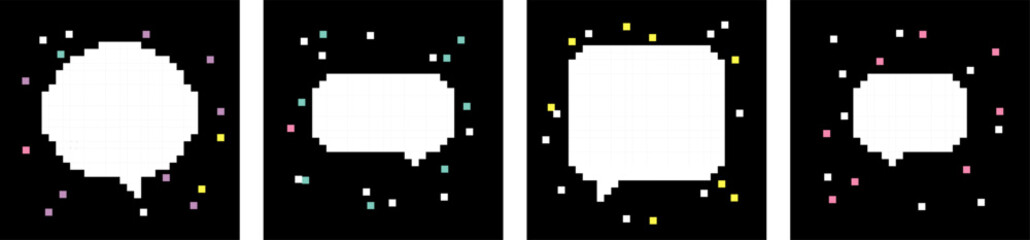 Poster - Collection of empty pixel art speech bubbles. Chat or various pixel dialogue box set. 8-bit retro style vector illustration. Black pixelated background