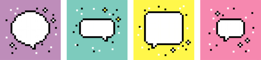 Poster - Collection of empty pixel art speech bubbles. Chat or pixel dialogue box set. Neon colors. 8-bit retro style vector illustration