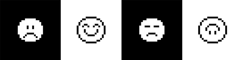 Poster - Set of pixel smile icons. Various emoji. Sad and happy faces. Pixels Y2k trendy stickers. Black and white colors. 8bit retro elements in the mood of 90's aesthetics. Vector illustration