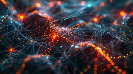 Poster - A detailed visualization of a neural network displaying vibrant network connections and glowing nodes against a dark backdrop. Quantum Computers concept
