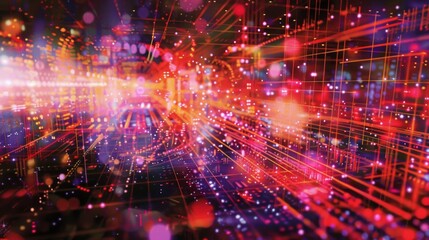 Poster - Vibrant lines of data move through a complex digital network, creating a dynamic and colorful abstract representation of high-speed data transmission.