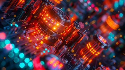 Poster - Detailed close-up of electronic circuit boards illuminated by vibrant, glowing lights. Quantum Computers concept
