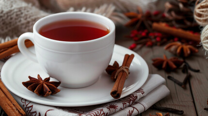 Wall Mural - Rooibos Vanilla Tea: A rich red rooibos tea with vanilla pods, served in a sleek white cup, with a cozy setup of vanilla beans and cinnamon sticks.