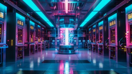 Poster - A futuristic server room illuminated by neon blue and pink lighting at night, featuring a central core surrounded by high-tech equipment.