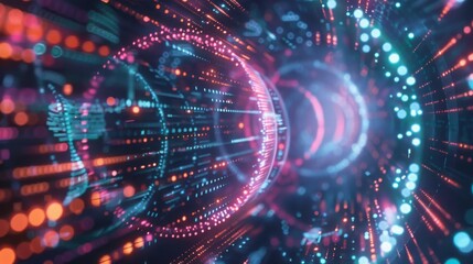Poster - A dynamic and colorful digital data stream flows through a futuristic cyber network, displaying vibrant lights and high-speed data transmission in a high-tech environment.
