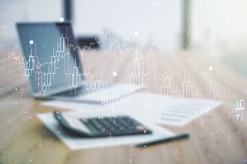 Poster - Abstract virtual financial graph hologram on calculator and laptop background, forex and investment concept. Multiexposure