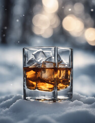 Wall Mural - a glass of whiskey with ice and bottle of whiskey in the snow, blurry background
