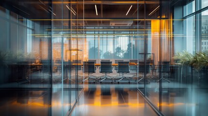 Modern spacious evening room for business meetings in the company office with nobody. Thriving Together: A Snapshot of Collaboration in a Modern Coworking Office's Expansive Open Space Interior