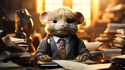A mouse in a suit sits at an office desk surrounded by piles of papers, capturing a whimsical scene of business in the animal world.