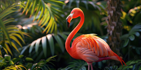 Wall Mural - A vibrant pink flamingo stands tall amidst the lush greenery, reflecting on its tropical surroundings.