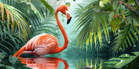 Wall Mural - A vibrant pink flamingo stands tall amidst the lush greenery, reflecting on its tropical surroundings.