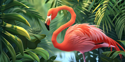 Wall Mural - A vibrant pink flamingo perched amongst verdant foliage, its image gracefully reflected on a crystalline pool, creating a captivating natural mirror.