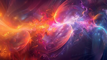 A vibrant abstract background featuring intricate fractal patterns, emitting a futuristic energy with bright light elements