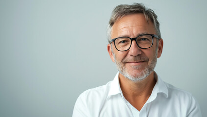 Portrait of mature age, middle age, mid adult casual man at home in glasses, happy smiling. Confident smile, gray hair, copy space.