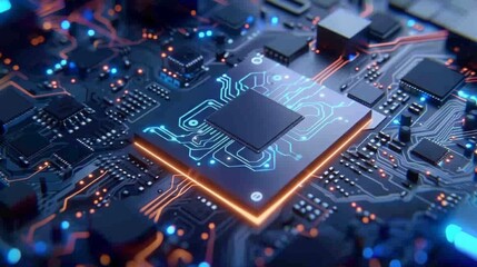 Poster - A high-resolution close-up of a glowing microchip nestled on a complex electronic circuit board, showcasing intricate connections and illuminated pathways.
