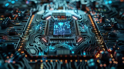 Poster - A detailed, close-up view of an advanced microchip circuit board with glowing lights and intricate pathways, highlighting cutting-edge technology. Quantum Computers