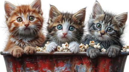 Wall Mural - Illustration of a cute kitten in a popcorn box with a cute slogan