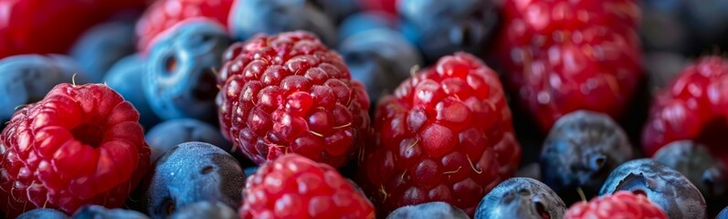 Poster - Many raspberries and blueberries in a pile. Food background. Banner