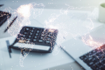 Poster - Multi exposure of abstract graphic world map hologram on calculator and pc background, connection and communication concept